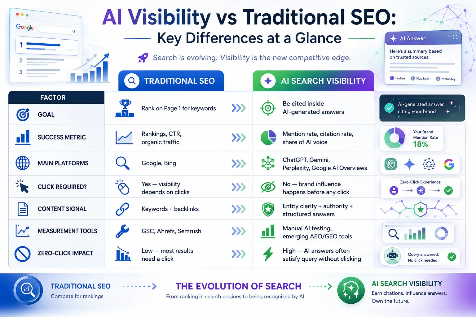 Side-by-side infographic comparing Traditional SEO vs AI Search Visibility across rankings, clicks, platforms, citations, and zero-click impact.
